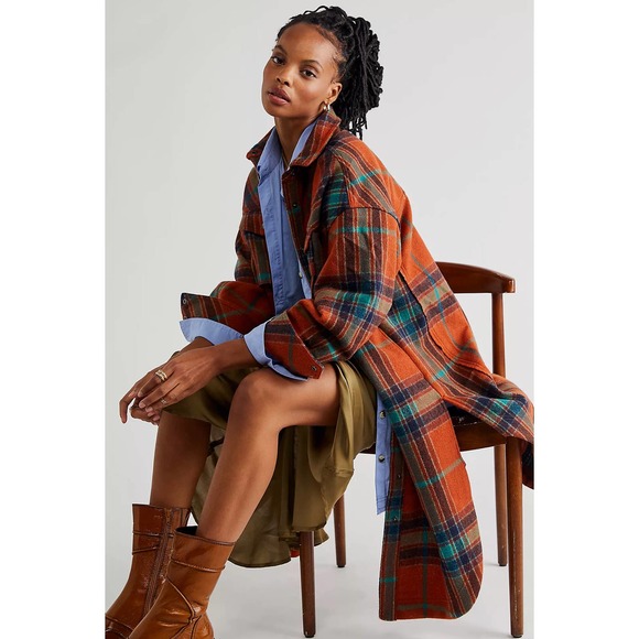 Free People Plaid Coat in Orange and Blue - Picture 1 of 11